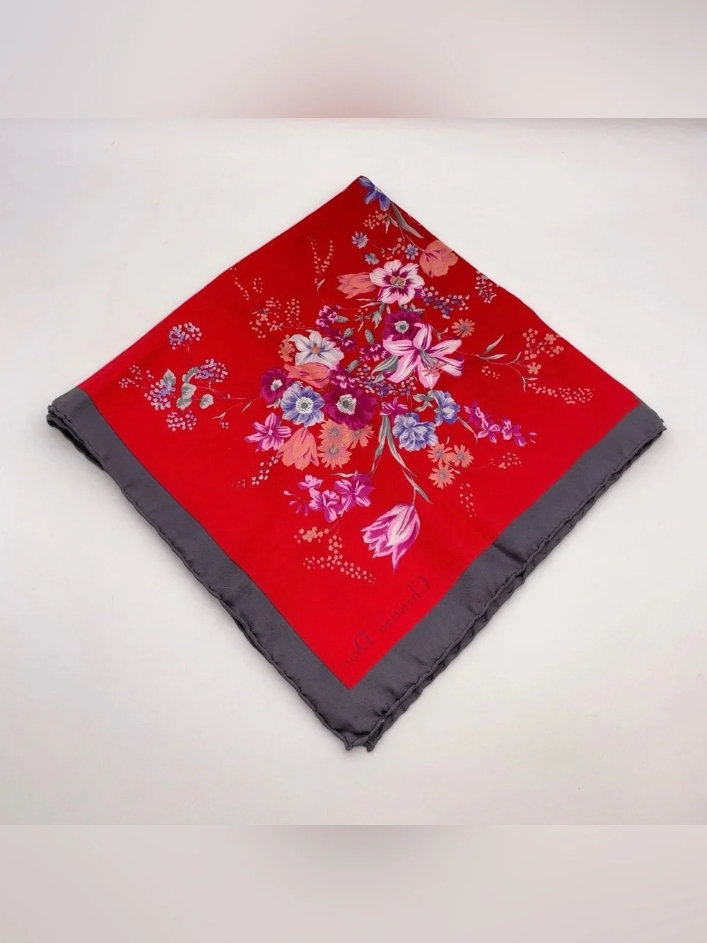 CHRISTIAN DIOR Vintage 80’s Rare Romantic 100% Silk Red Floral Square Scarf